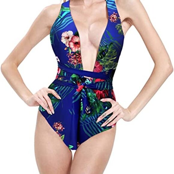 BLUE TROPICAL PLUNGE V-NECK CRISSCROSS HALTER ONE PIECE SWIMSUIT SIZE MEDIUM NWT - Picture 7 of 13